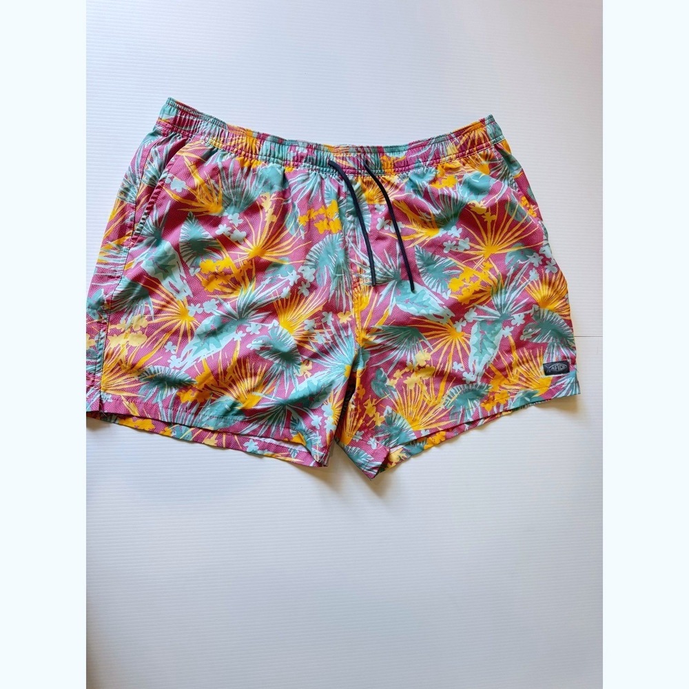 AFTCO Swim Trunks Mens XXL Pink Tropical Palm Print Excellent Fishing Shorts‎